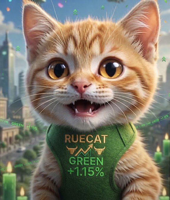 A digital illustration of an orange tabby kitten wearing a green sweater labeled 'RUECAT GREEN +1.15%' with bull horns and a rising arrow graphic, set against a cityscape with green stock market data and candles.