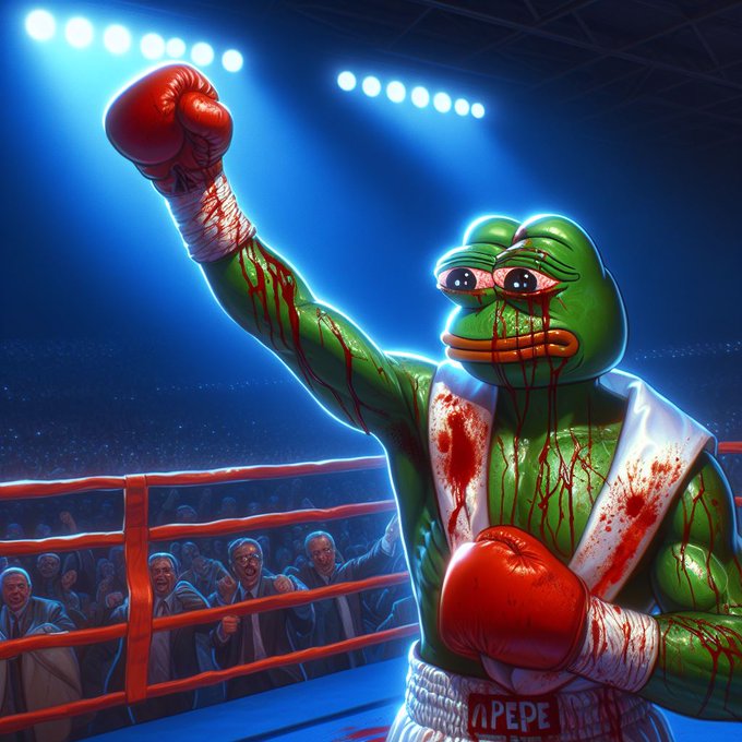 A digital painting of a battered Pepe the Frog wearing a green mask, white robe, and red boxing gloves, raising his arm in victory inside a boxing ring.