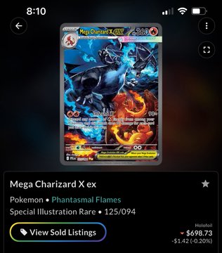 A mobile app screenshot displaying a Mega Charizard X ex Pokemon card from the Phantasmal Flames set (Special Illustration Rare, 125/094) with a market price of $698.73, shown at 8:10.