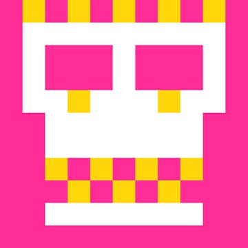 A retro pixel-art face design on a magenta background, featuring pink sunglasses, a yellow-and-pink checkered headdress and mouth, and a thick white beard.