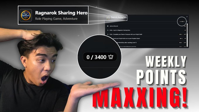 The image features a man with his hand raised, holding up a game controller or remote control. The text above him reads "Weekly Points Maxing!" which suggests that he has achieved a high score or completed a challenging task within the game. This achievement could be related to the game of Asgard: Ragnarok Sharing Hero, as indicated by the image's title.