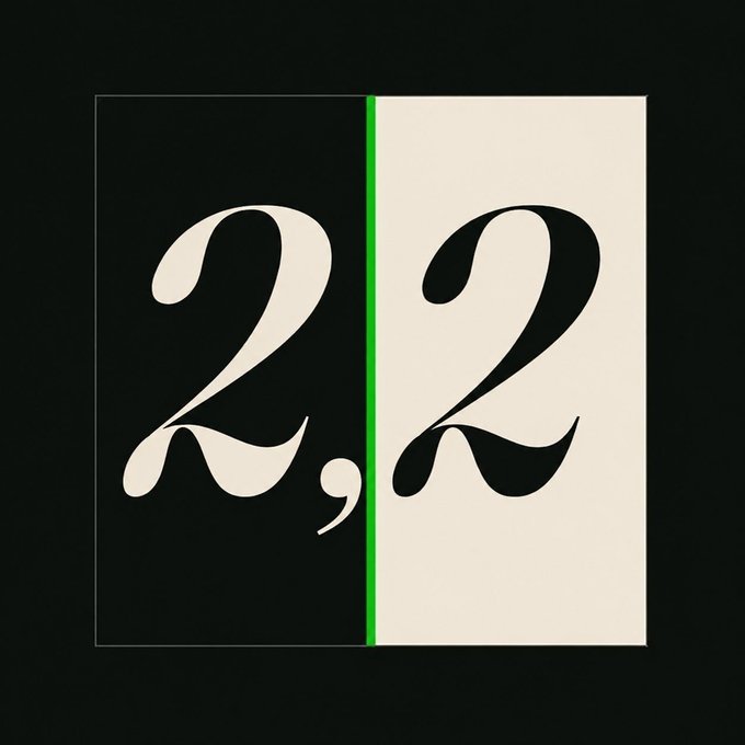 A minimalist graphic design featuring the number '2,2' displayed in elegant serif typography, split between black and cream halves by a bright green vertical line.