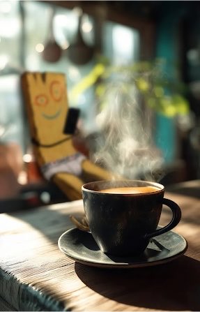 A steaming cup of coffee sits on a wooden table in the foreground, with a blurred smiling wooden plank character lounging on a chair in the background.