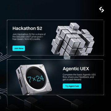 The graphic highlights two promotions: "Hackathon S2" with a 50,000 USDT prize pool and a free Qnami/Kimi K3 credits offer, along with "Agentic UEX" where users can earn rewards for completing a basic flow and sharing feedback. These visuals support the post's call to action for the @Bitget_AI Builder Base Camp Hackathon S2, emphasizing the win-win opportunity and non-winner-take-all prize categories for participants.