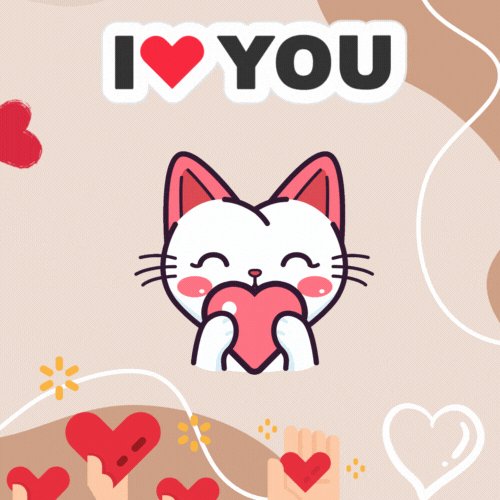 The image features a cartoon cat with a heart-shaped head, holding a red heart in its mouth. Surrounding the cat are various hearts of different sizes, creating an atmosphere of love and affection. The background consists of a light brown color, which complements the overall theme of the post. The text "I ❤️ you" is prominently displayed above the cat's head, indicating that it is a message from someone to another person.