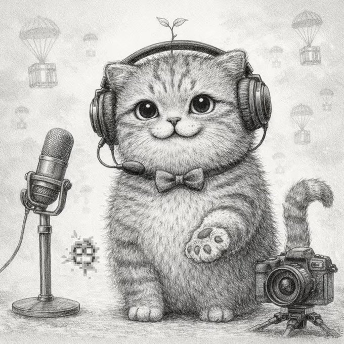 A pencil-sketch style kitten wearing headphones and a bow tie stands beside a microphone and camera, with parachute supply crates floating in the background. The whimsical "streamer cat" imagery complements the post's announcement about airdropped Ethos Meow Meow NFTs, visually representing the playful, profile-generated collectibles that resemble quirky digital content creator memorabilia.