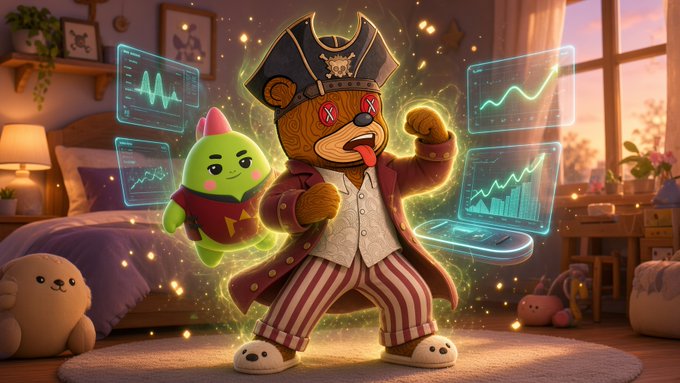 A digital illustration featuring a pirate bear character and a small green figure surrounded by floating holographic screens displaying line graphs and charts in a bedroom setting.