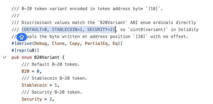 The image shows a code block that includes information about token variants such as standard, stablecoin, security, and policyregistry. The code also discusses native token deployment options like B20 factory and createB20 functions. The text in the image is related to the main topic of the post, which is discussing token variations and their implications for native token deployment.