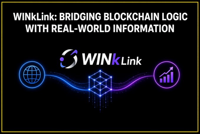 A promotional graphic with black background displays 'WINkLink: BRIDGING BLOCKCHAIN LOGIC WITH REAL-WORLD INFORMATION' alongside the WINkLink logo and neon blue/purple icons of a globe, cube, and growth graph.