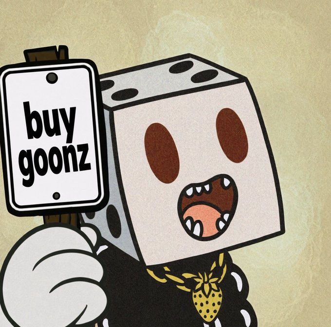 A cartoon die-headed figure in a black suit and gold chain holds a sign reading “buy goonz.”