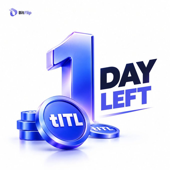 A promotional graphic from BitFlip showing large blue 3D coins and text announcing '1 DAY LEFT' for an 'tITL' token event.
