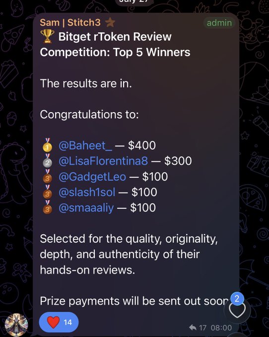 A Telegram post from Sam | Stitch3 announcing the top 5 winners of the "Bitget rToken Review Competition," awarding $400 to @Baheet_ and $300 each to @LisaFlorentina8, @GadgetLeo, @slash1sol, and @smaaaliy.