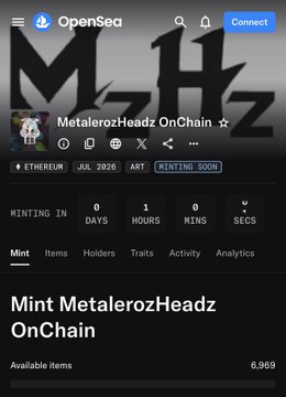 An OpenSea NFT minting page for 'MetaleroHeadz OnChain' showing a 6,969 available items with minting countdown timer on Ethereum.