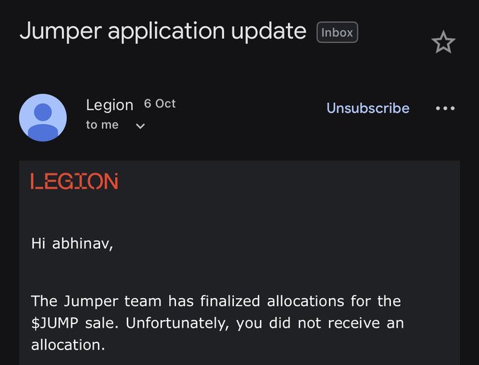 An email from Legion addressed to abhinav, notifying him that the Jumper team did not allocate him tokens for the $JUMP sale.