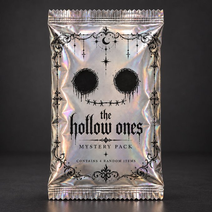 A silver holographic mystery pack labeled "the hollow ones MYSTERY PACK" featuring a creepy face design with black hollow eyes and a stitched smile is displayed against a dark background. The packaging advertises "CONTAINS 4 RANDOM ITEMS" and promotes the upcoming free mystery pack giveaway for $HOLLOW holders on October 13, tied to the Hollow Ones ecosystem launch.