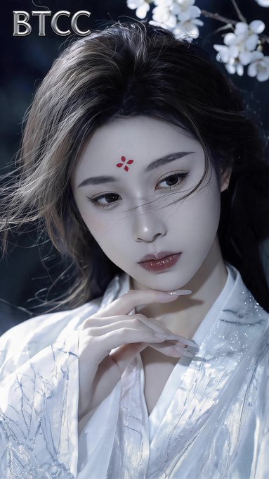 A woman with a red floral mark on her forehead poses thoughtfully in traditional white attire, with "BTCC" displayed in the upper left corner. The ethereal, classical aesthetic complements the post's message about BTCC's organic community growth, suggesting beauty, elegance, and trust in a steadily building project.