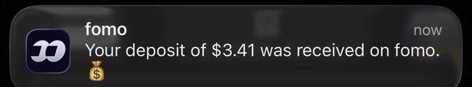 A $3.41 deposit notification from the app "fomo" appears on a phone screen, humorously contrasting with the post about quitting the boss—implying the small balance is hardly a foundation for that bold move.