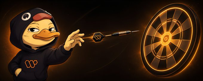 The image features a cartoon duck wearing a hoodie with the word "Wallchain" written on it. The duck is holding a dart and aiming at a target that has an orange glow surrounding it. The background of the image is black, which contrasts with the yellow and orange colors of the target. The text in the image reads: "Never stop believing in yourself or your abilities. Never abandon your dreams or your goals. You're never truly alone. As long as all Quakers are active, the journey will be more fun."