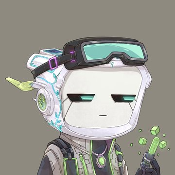 A chibi-style digital illustration of a character wearing a white helmet with teal circuit-like designs, teal-tinted goggles on top, and a glowing green earpiece, set against a plain gray background.