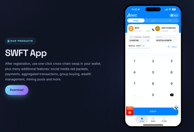 A promotional banner for the SWFT App showcases its one-click cross-chain swap feature, displaying a mobile interface where 3.000208 BTC is being swapped for 1010734.610876 $WTC(ERC20), illustrating the kind of seamless multi-chain swapping that helps solve the BDX vs BDX-BSC accessibility issues mentioned in the post.