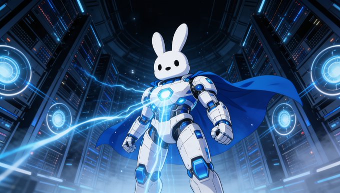 A robotic bunny hero with a flowing blue cape stands heroically amid glowing server racks, channeling electric energy through its armored white and blue frame. The image ties to the post's "upwards July" theme by depicting a powerful, forward-charging rabbit—matching the username and bullish momentum promised for the upcoming docs drop.