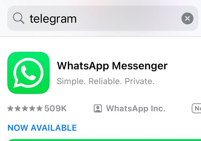 The image shows an app store search for "telegram" that instead returns "WhatsApp Messenger" by WhatsApp Inc. with a "NOW AVAILABLE" badge, humorously illustrating how the October 10th, 2025 crypto BD (business development) milestone feels for crypto marketers—an oddly delayed or misaligned rollout.