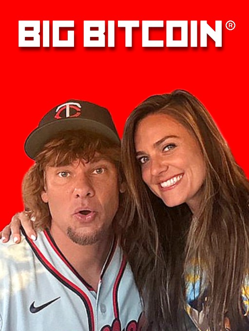 A promotional graphic with a red background featuring 'BIG BITCOIN' text at the top, showing a man in a Minnesota Twins cap alongside a woman.