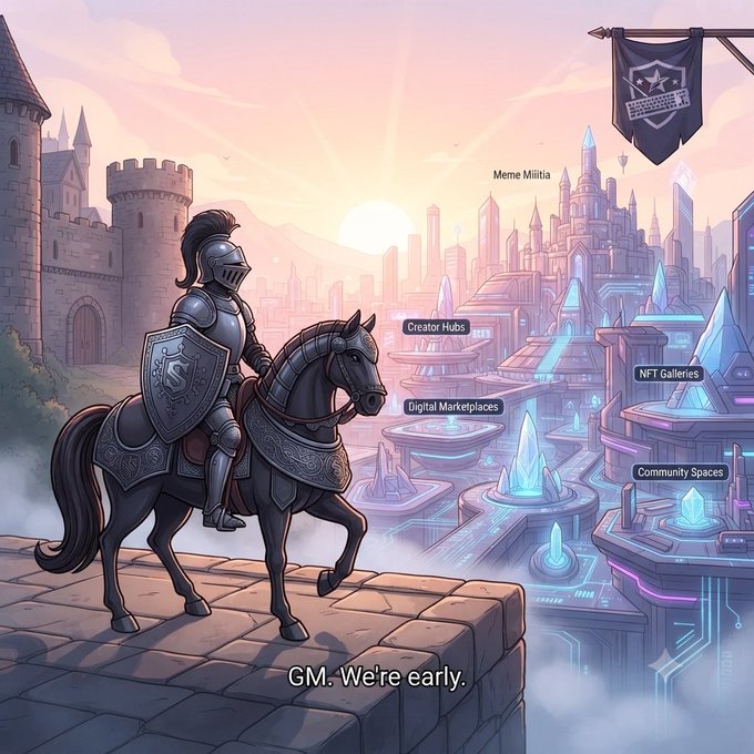 A fantasy-style illustration of a knight on horseback overlooking a futuristic digital city, with text labels including "Meme Militia", "Creator Hubs", "Digital Marketplaces", "NFT Galleries", "Community Spaces", and "GM. We're early."