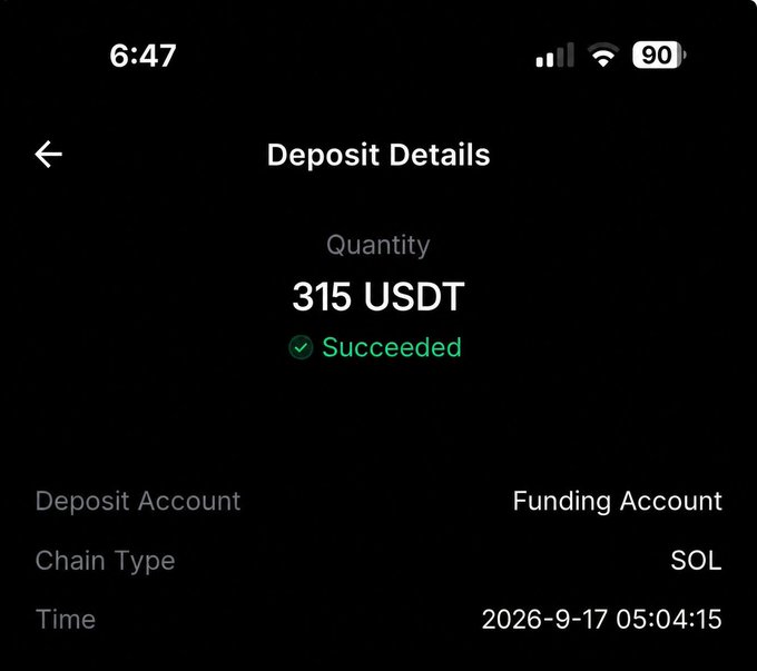 A phone screenshot shows a successful deposit of **315 USDT** via the **SOL** chain on September 17, 2026, reinforcing the post's celebration of a first win after losses, with the caption "Thank you $KNOTS."