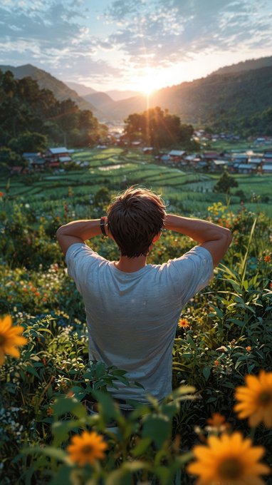 A person with short brown hair wearing a gray t-shirt stands with hands behind their head, overlooking a scenic valley village at sunset with terraced fields and sunflowers in the foreground.