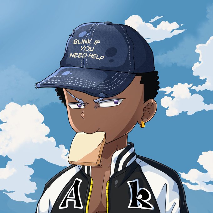An animated character wearing a "BLINK IF YOU NEED HELP" cap holds a piece of toast in their mouth against a blue sky, illustrating the giveaway prize.
