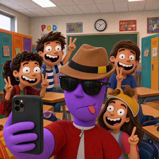 An animated, cartoon-style illustration features a purple-skinned character in a hat and sunglasses taking a selfie with a group of excited, smiling children in a classroom setting.