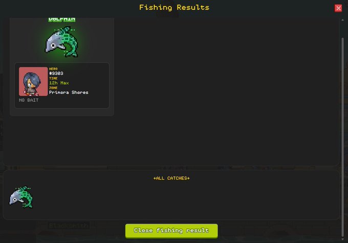 A 'Fishing Results' screen from a video game displays catching a 'DOLPHIN' worth 10302 EXP, plus a Mystery Shard from a zone called 'Primera Shores,' with a 'Close fishing result' button at the bottom.
