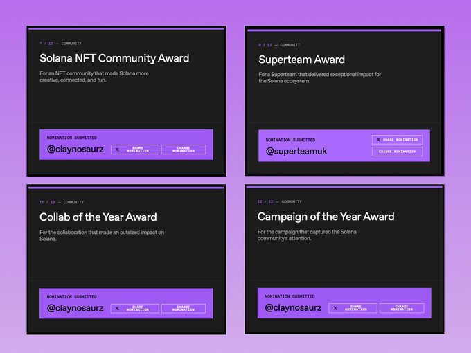 Four award nomination cards on a purple background for Solana community awards: Solana NFT Community Award and Superteam Award (both submitted by @claynosaurz and @superteamuk), Collab of the Year Award and Campaign of the Year Award.