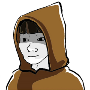 A digital drawing of a person wearing a brown hooded cloak, with a mask or markings covering the lower half of their face.