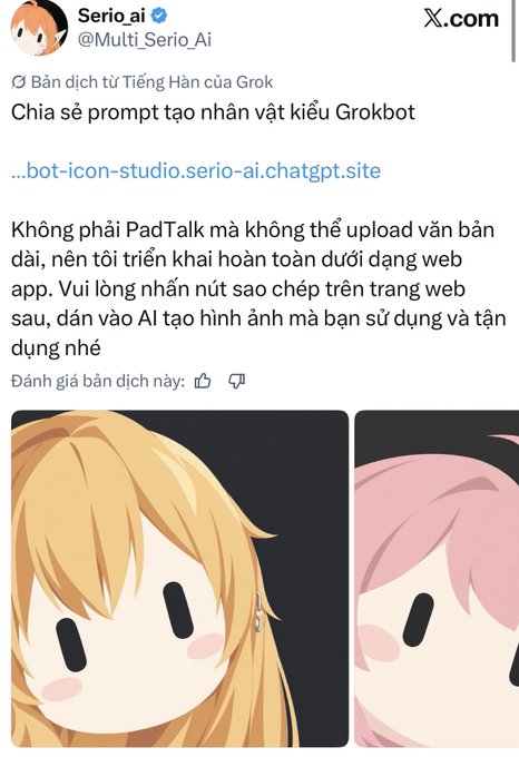 A tweet from Serio ai (@Multi_Serio_Ai) shares a prompt for creating Grokbot-style avatars, featuring chibi anime characters with the platform URL "...bot-icon-studio.serio-ai.chatgpt.site," supporting the post's point about Grokification PFPs gaining traction within the Grok Bot community.