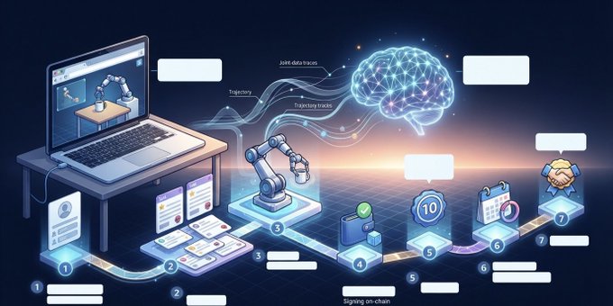A stylized infographic depicting a futuristic workflow connecting a laptop, a robotic arm, and a glowing brain, with numbered steps (1-7) representing a trajectory of joint data transmission and signing on-chain.