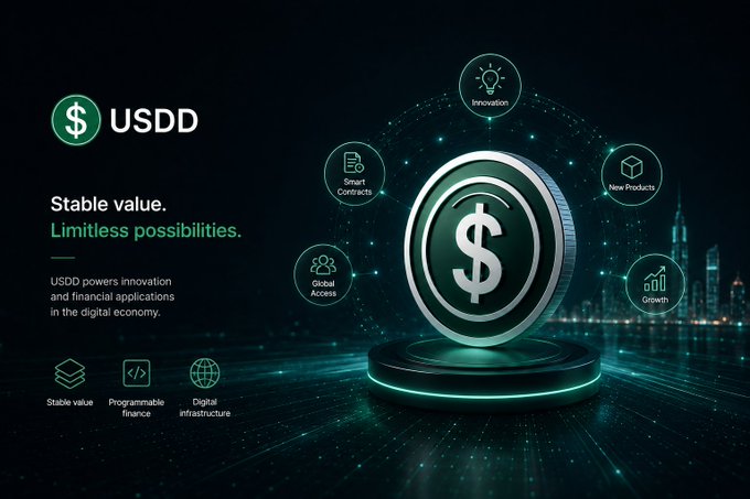 Another USDD promotional graphic shows 'Stable value. Limitless possibilities.' with a dollar sign coin surrounded by icons representing Innovation, Smart Contracts, New Products, Global Access, and Growth.
