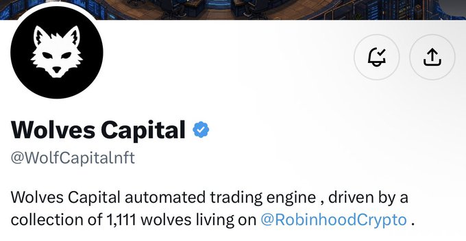 A Twitter profile for 'Wolves Capital' (@WolfCapitalnft), an automated trading engine driven by 1,111 wolves on Robinhood Crypto.