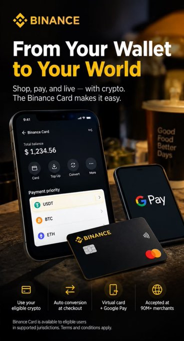 A Binance advertisement showing a smartphone app and a physical Binance Card, with text 'From Your Wallet to Your World' and 'Shop, pay, and live — with crypto.'