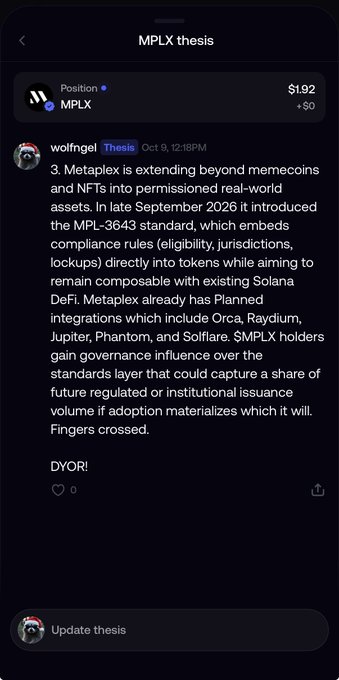 A mobile app screenshot displaying an MPLX thesis post by user 'wolfgnel' dated Oct 9 at 12:18PM, discussing Metaplex's extension into permissioned real-world assets via the MPL-3643 standard and its Solana DeFi integrations including Orca, Raydium, Jupiter, Phantom, and Solflare.