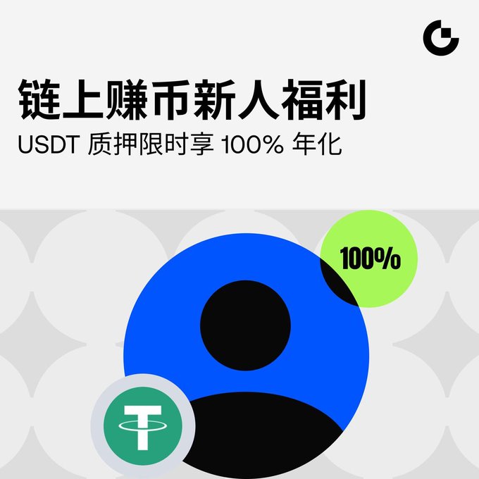 A promotional graphic with Chinese text reading '鏈上賺幣新人福利 USDT 質押限時享 100% 年化' (On-chain earning new user benefit: USDT staking limited-time 100% APR), featuring a stylized user avatar and the Tether (USDT) logo.