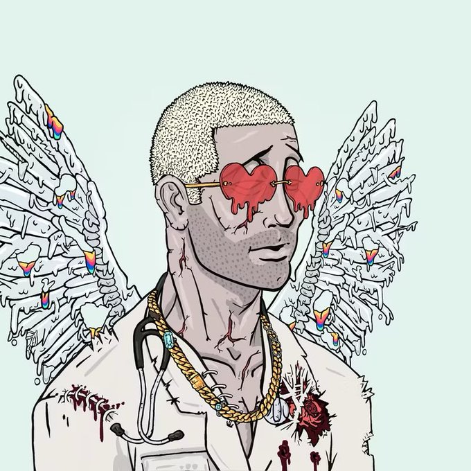 A stylized digital illustration of a man with angel wings wearing red dripping heart-shaped sunglasses, a gold chain, and an open white jacket revealing a bleeding heart on his chest.