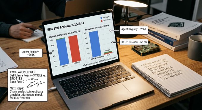 A laptop displays an ERC-8183 Analysis dated 2026-08-14 with charts for Provider Distribution and Transaction Status, annotated with Agent Registry ~266K, ERC-8183 Jobs ~56.6K, and notes about DeFiLlama Fees (~$430K) vs Base Fees: 0.