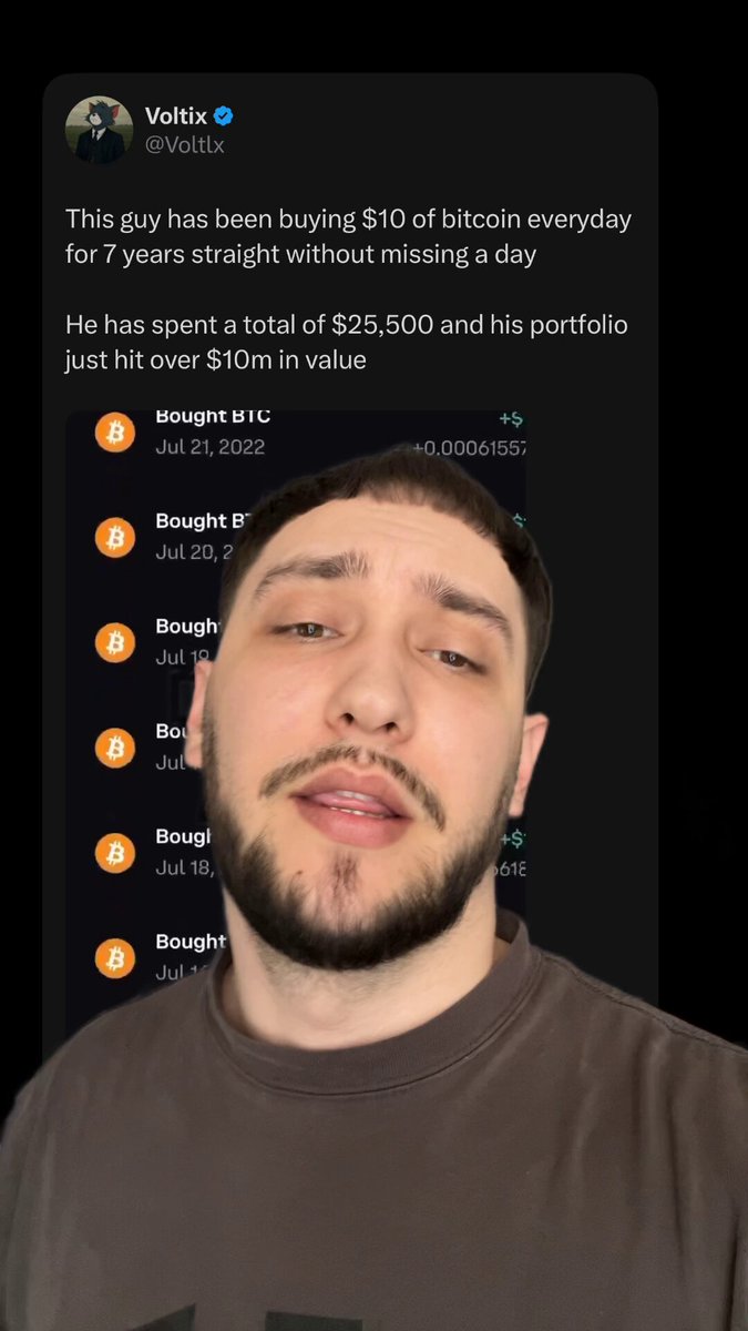 The image features a man with a beard wearing a brown shirt, who appears to be making a funny face or posing for a photo. The caption of the image includes information about Bitcoin that seems unrelated to the main subject matter. This could potentially distract from the original message being conveyed by the post.