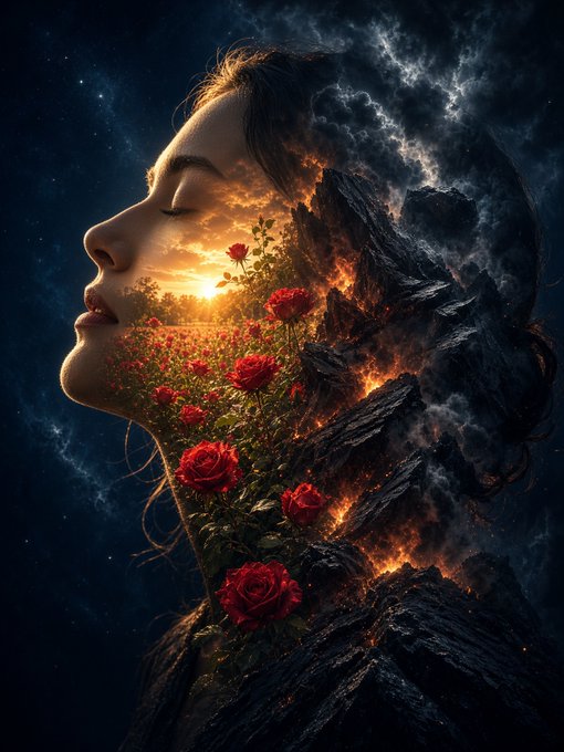 A surreal digital artwork featuring a woman's profile silhouette merged with a glowing sunset landscape, red roses, and dark rocky textures against a starry cosmic background.