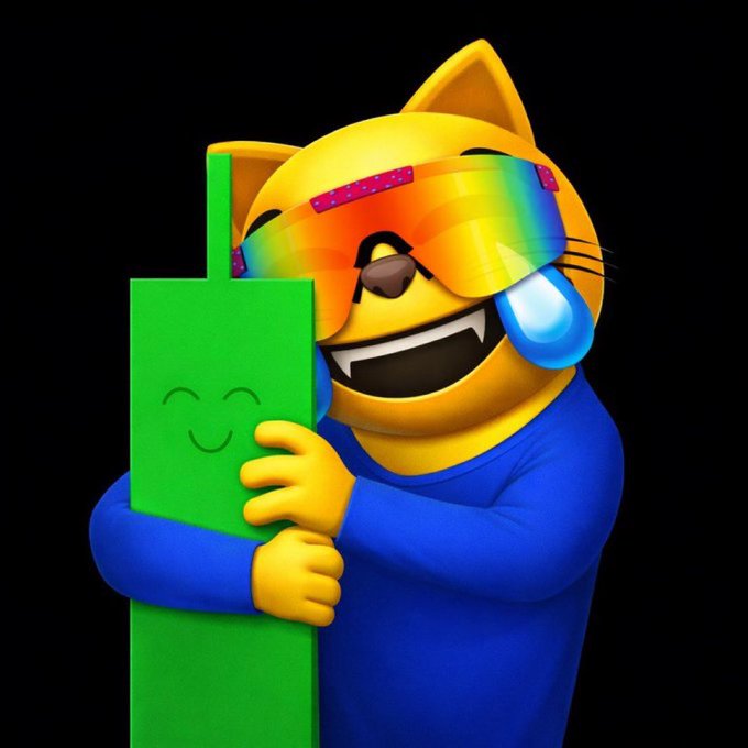 A 3D rendered emoji-style cat character wearing rainbow sunglasses and a blue shirt, joyfully hugging a green smiling carton with tears of joy.