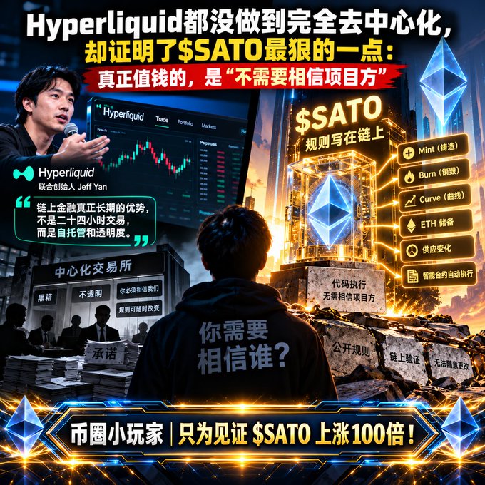 A Chinese-language crypto promotional poster contrasting centralized exchanges with '$SATO', featuring an image of Hyperliquid co-founder Jeff Yan and promises of '100x' gains.