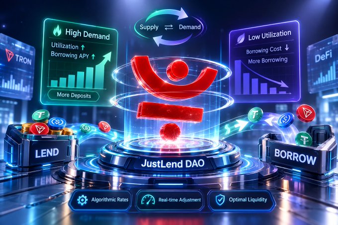 The image illustrates JustLend DAO's algorithmic interest rate mechanism, featuring a central "JustLend DAO" platform with charts showing "High Demand" (increased utilization and borrowing APY leading to more deposits) and "Low Utilization" (decreased borrowing cost encouraging more borrowing), alongside "LEND" and "BORROW" stations and TRON/DeFi branding. It visually supports the post by depicting how the platform's smart rate models automatically adjust borrowing APY based on supply and demand dynamics to maintain optimal liquidity, eliminating the need for manual rate setting.