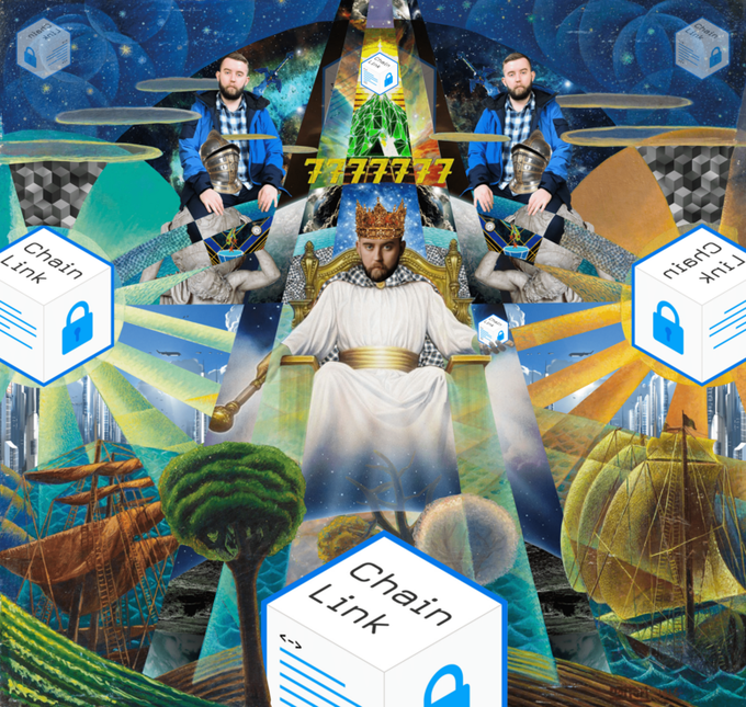 A surreal collage featuring a man in royal robes seated on a throne, surrounded by two identical men in blue jackets, cubes labeled 'Chain Link' with padlocks, and various fantastical landscapes.